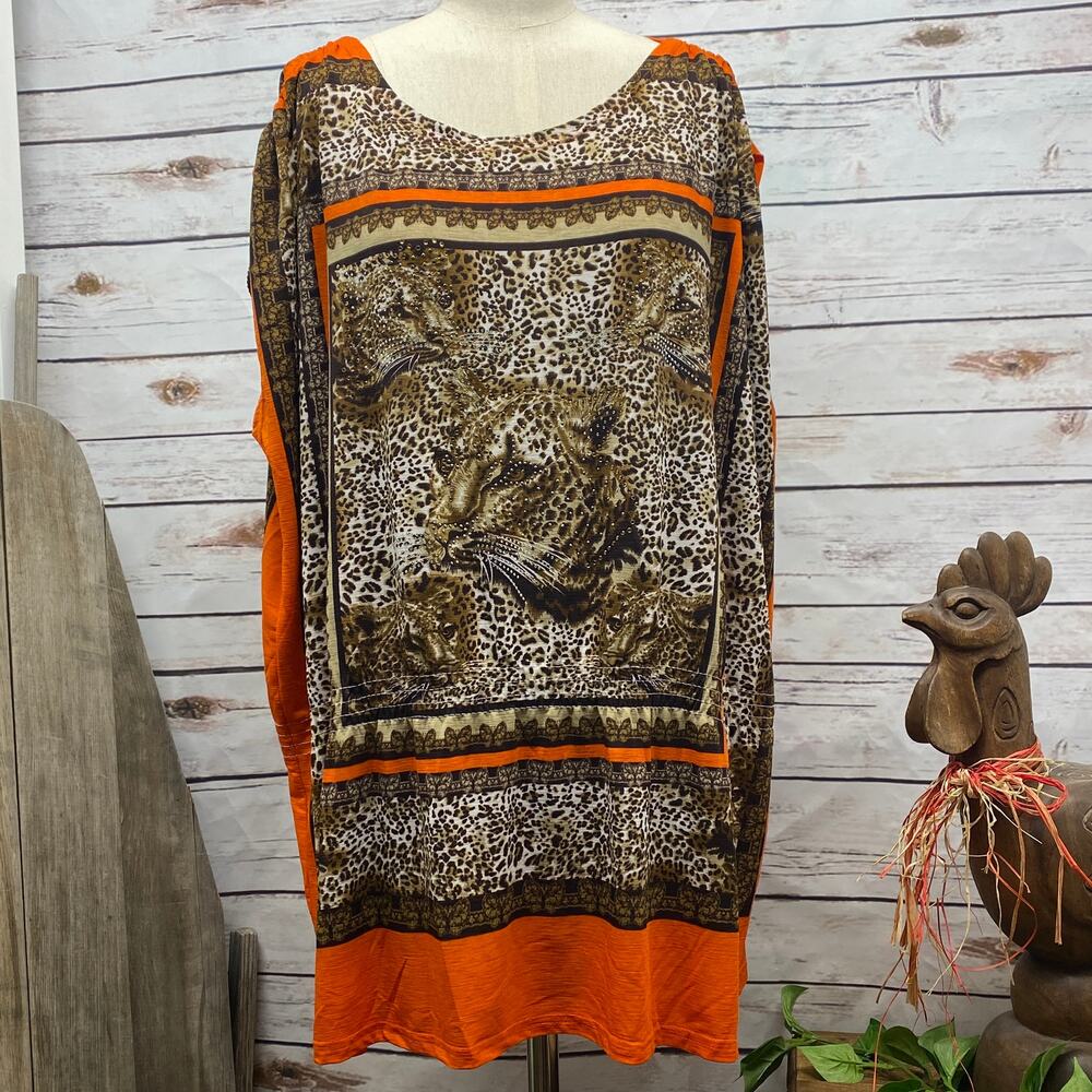 Beach Pool Cover Up Animal Print Cheetah Embellished Sleeveless M/L Orange Brown